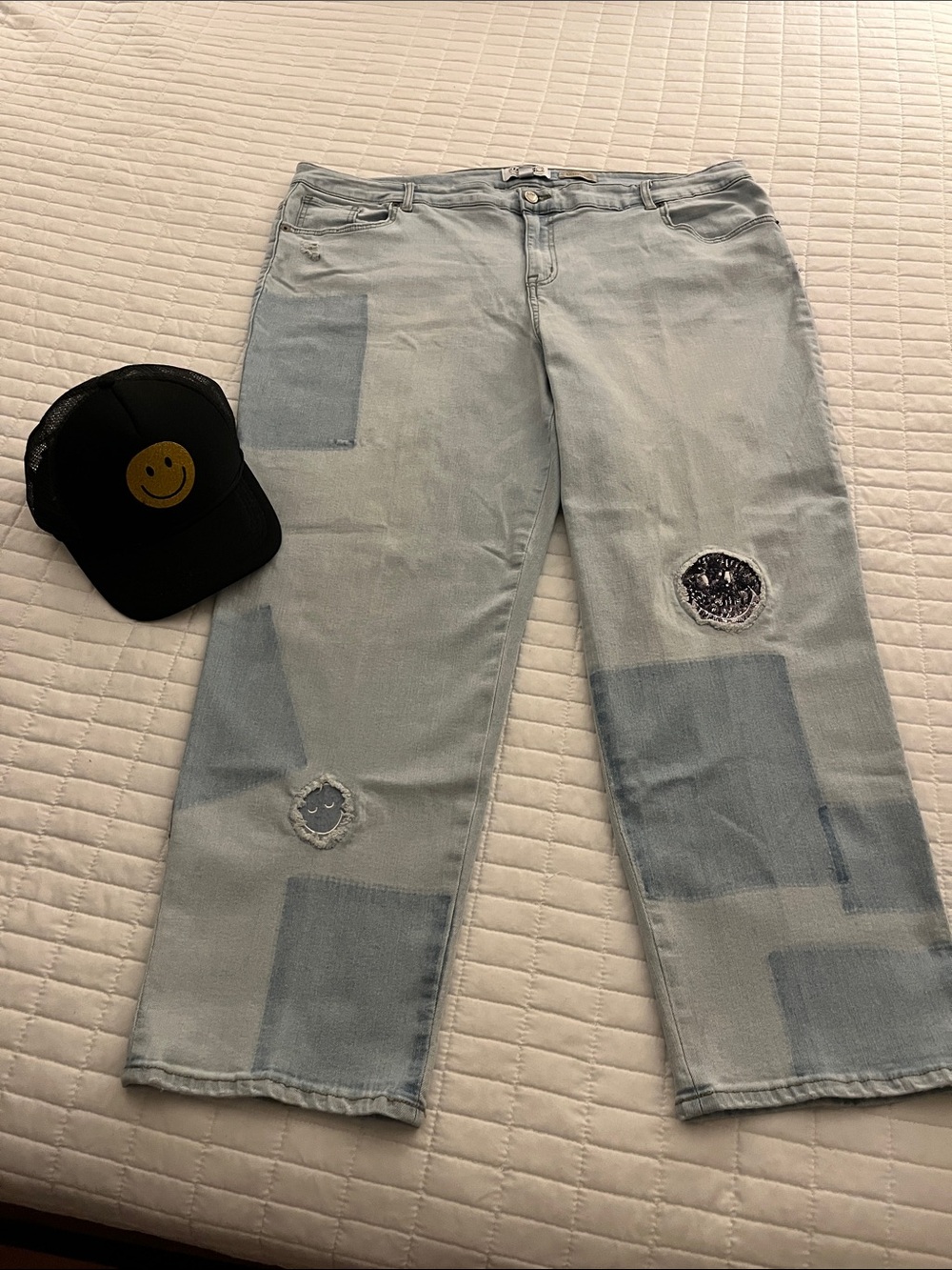LOGO & Smiley Collab Light Wash Boyfriend Jeans w/Shadow Patches &Smiley Accents
